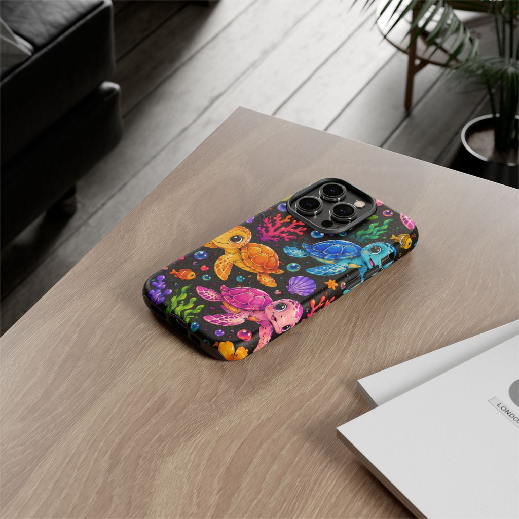 Phone Case — Colorful Cute Sea Turtles on Black (Protective Smartphone Cover)