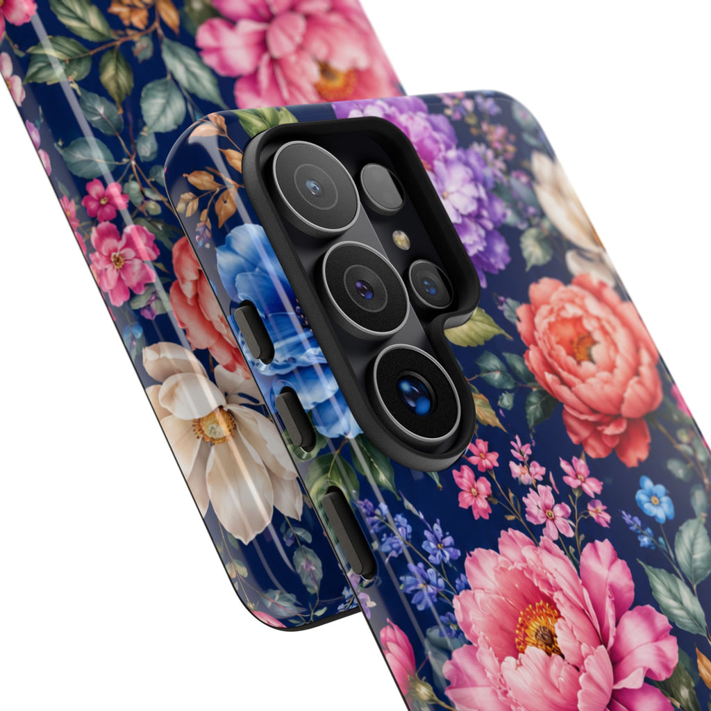 Floral Tough Phone Case – Vibrant Garden Flowers on Navy