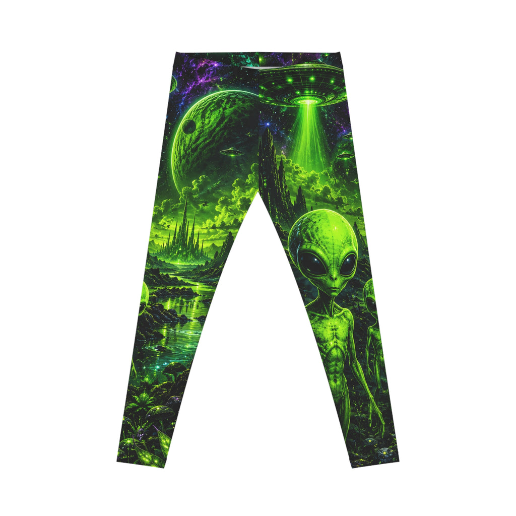 Neon Alien Leggings — Glow Green UFO & Extraterrestrial All-Over Print