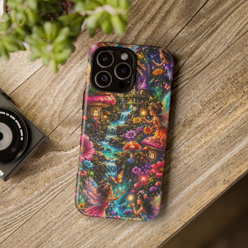 Fairy Garden Tough Phone Case — Whimsical Cottage, Waterfall & Mushroom Artwork
