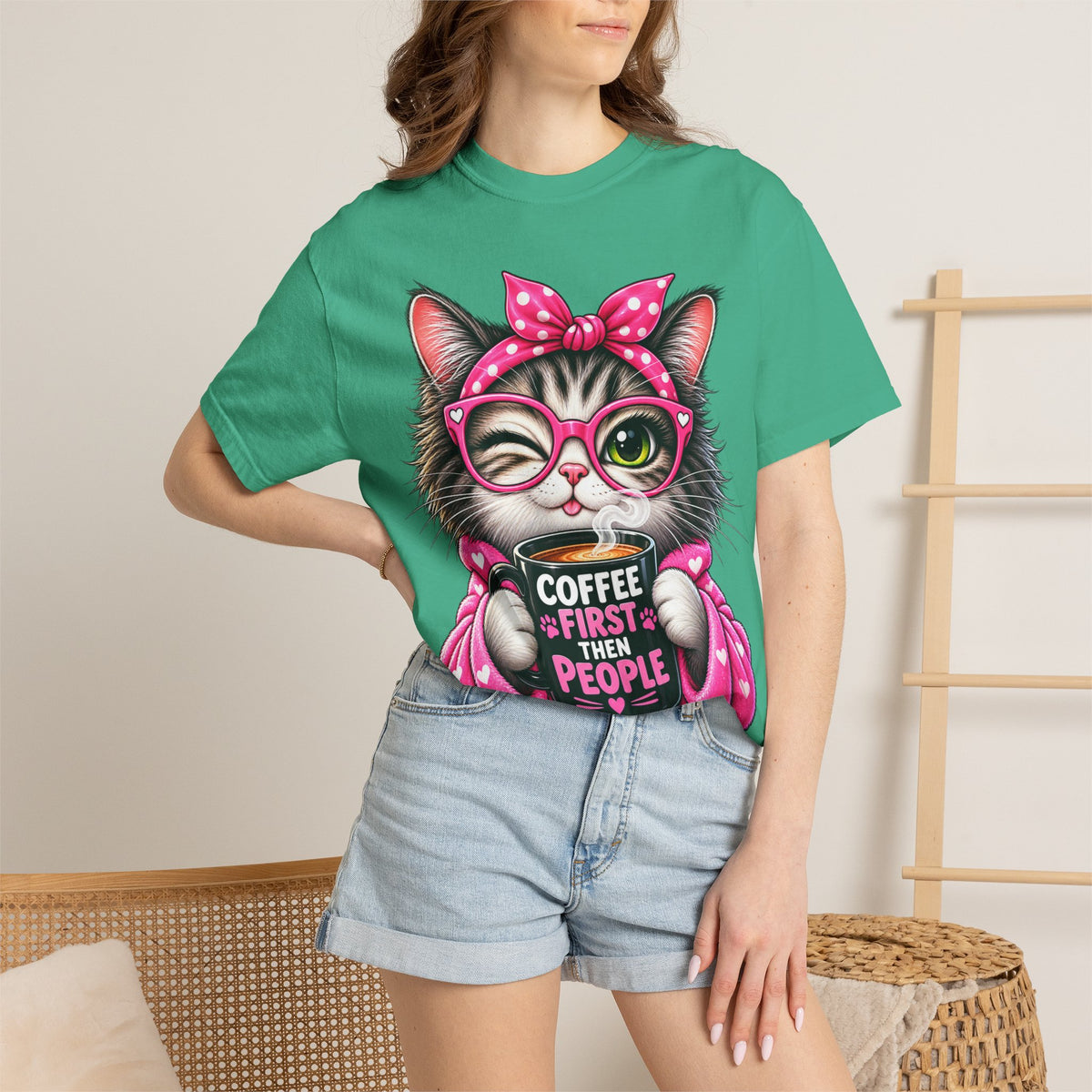 Cat Coffee Tee — "Coffee First Then People" Cute Cat Graphic T-Shirt
