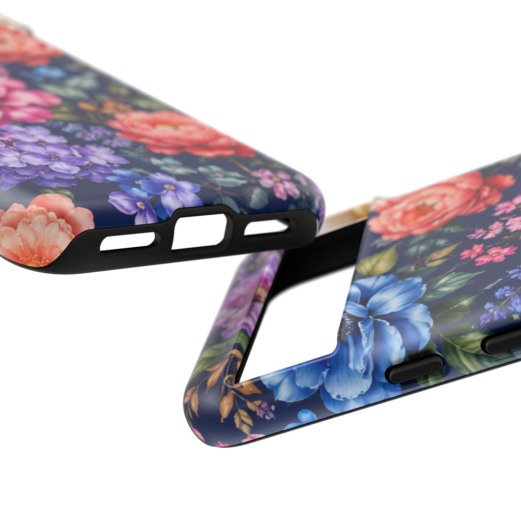 Floral Tough Phone Case – Vibrant Garden Flowers on Navy