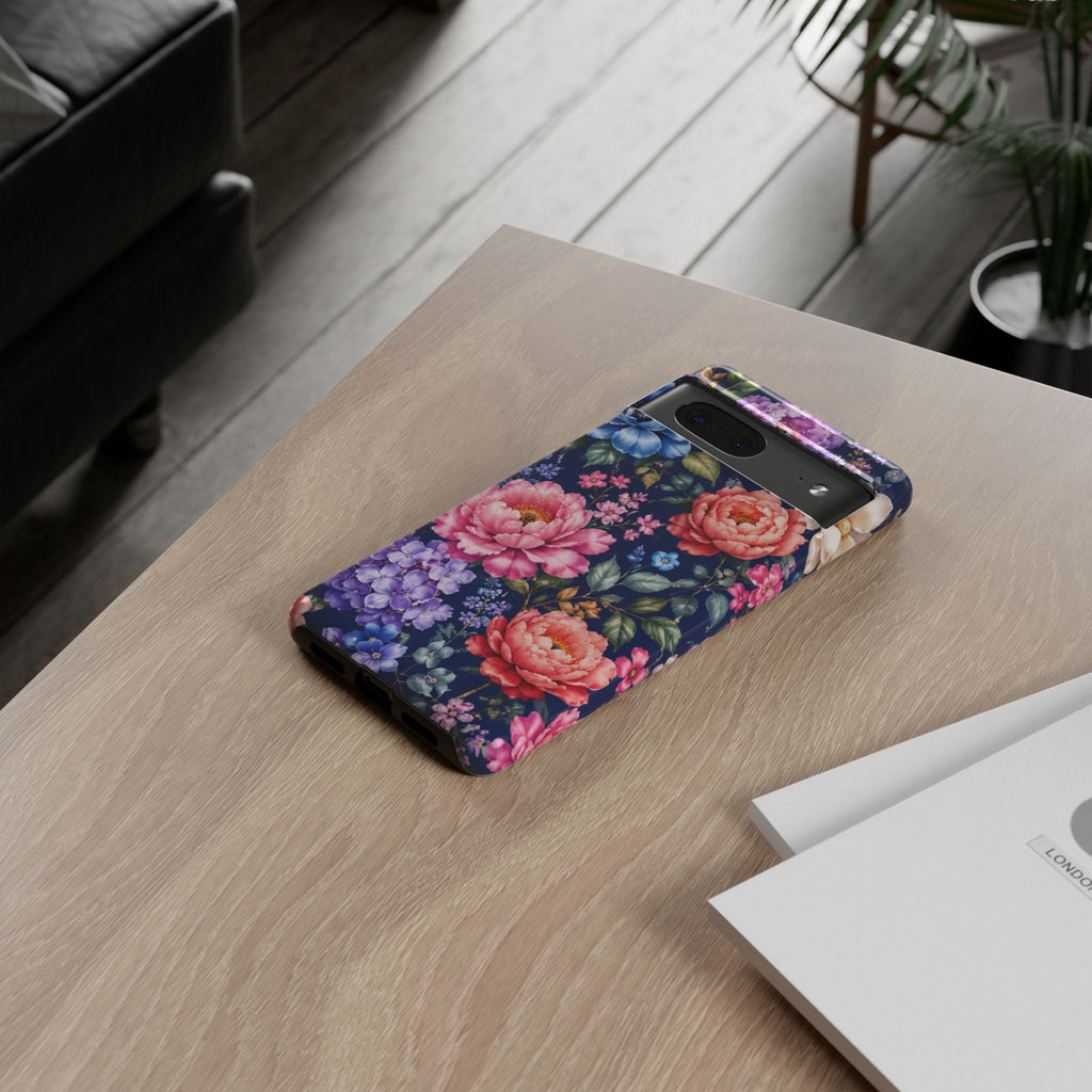 Floral Tough Phone Case – Vibrant Garden Flowers on Navy