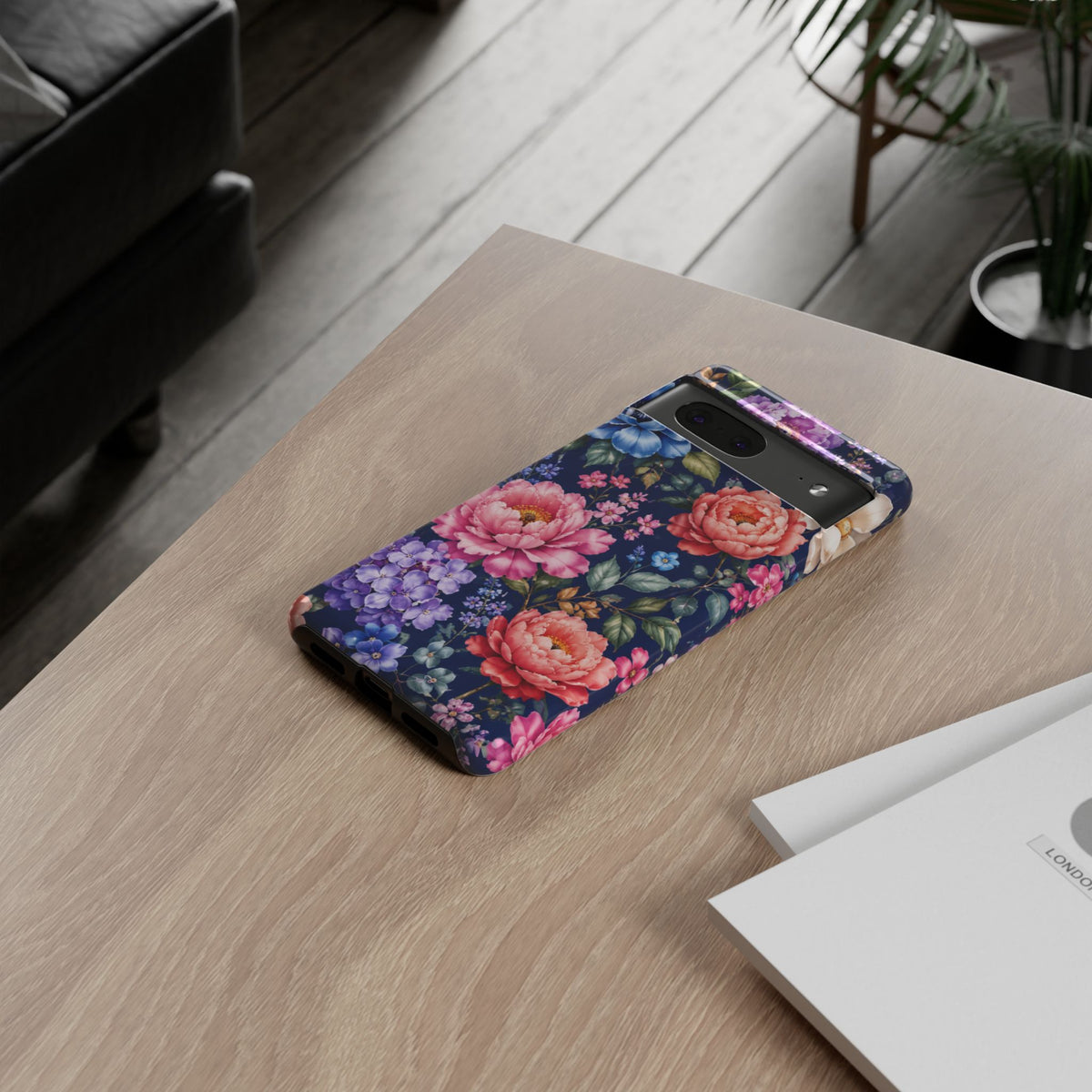 Floral Tough Phone Case – Vibrant Garden Flowers on Navy