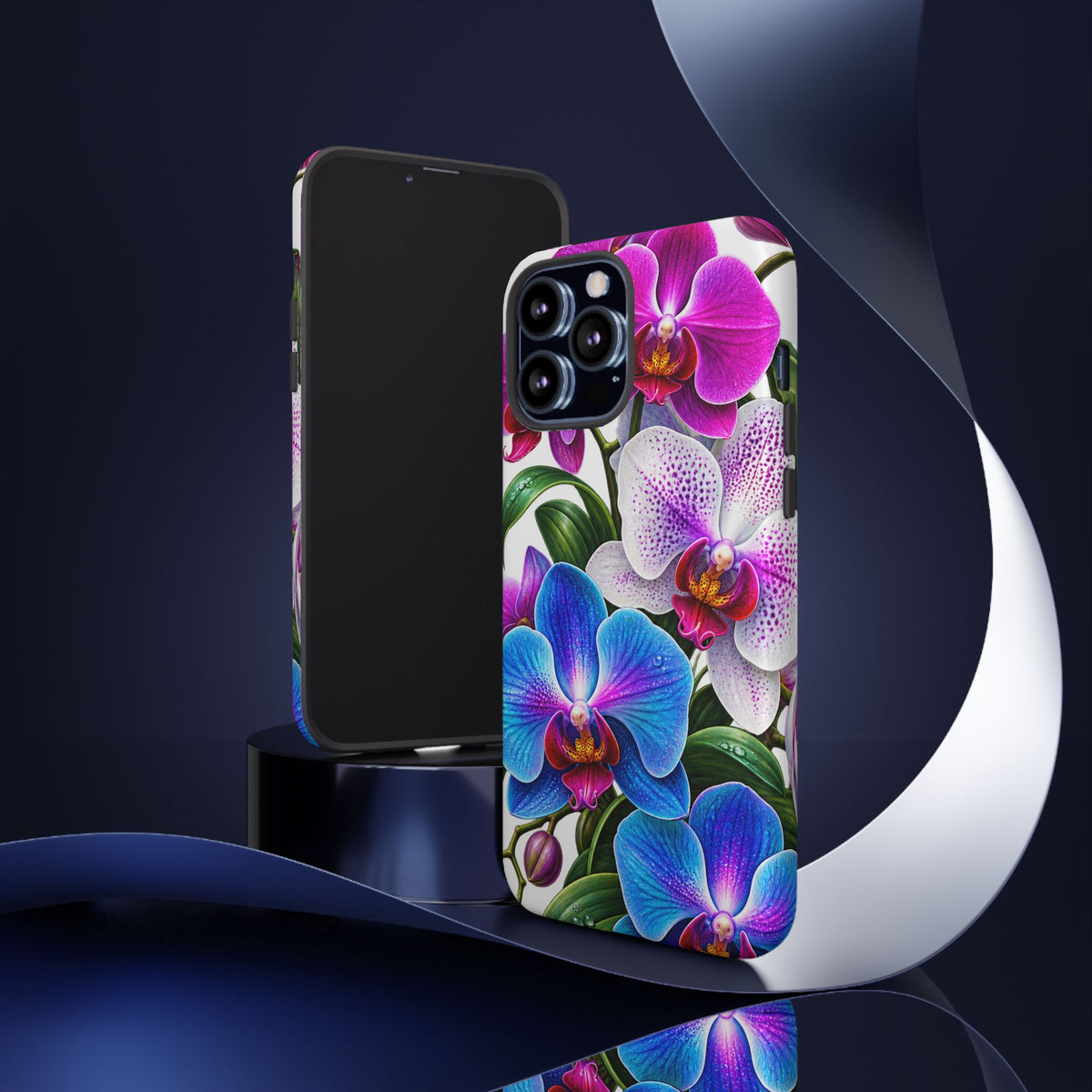 Orchid Floral Tough Phone Case – Vibrant Blue & Pink Orchid Protective Cover