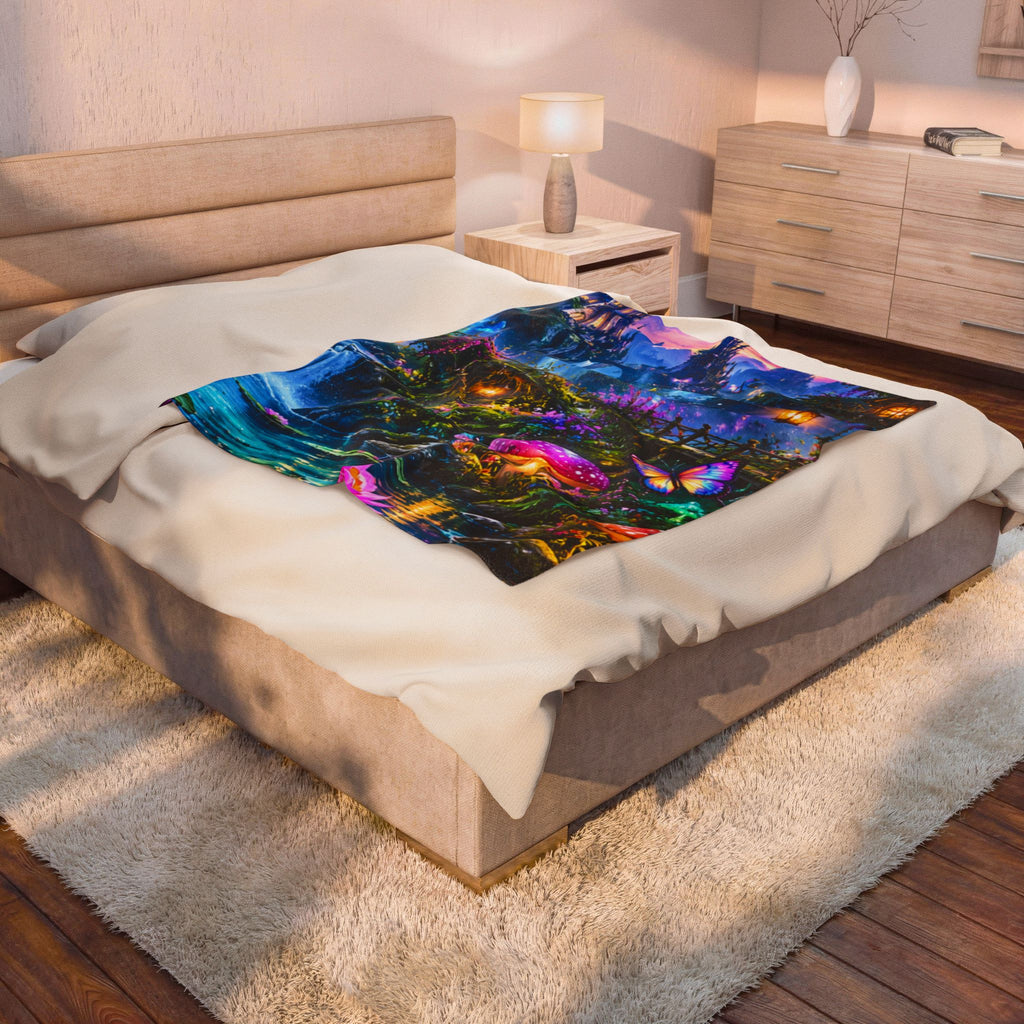 Fantasy Velveteen Plush Blanket — Enchanted Waterfall & Castle Scene