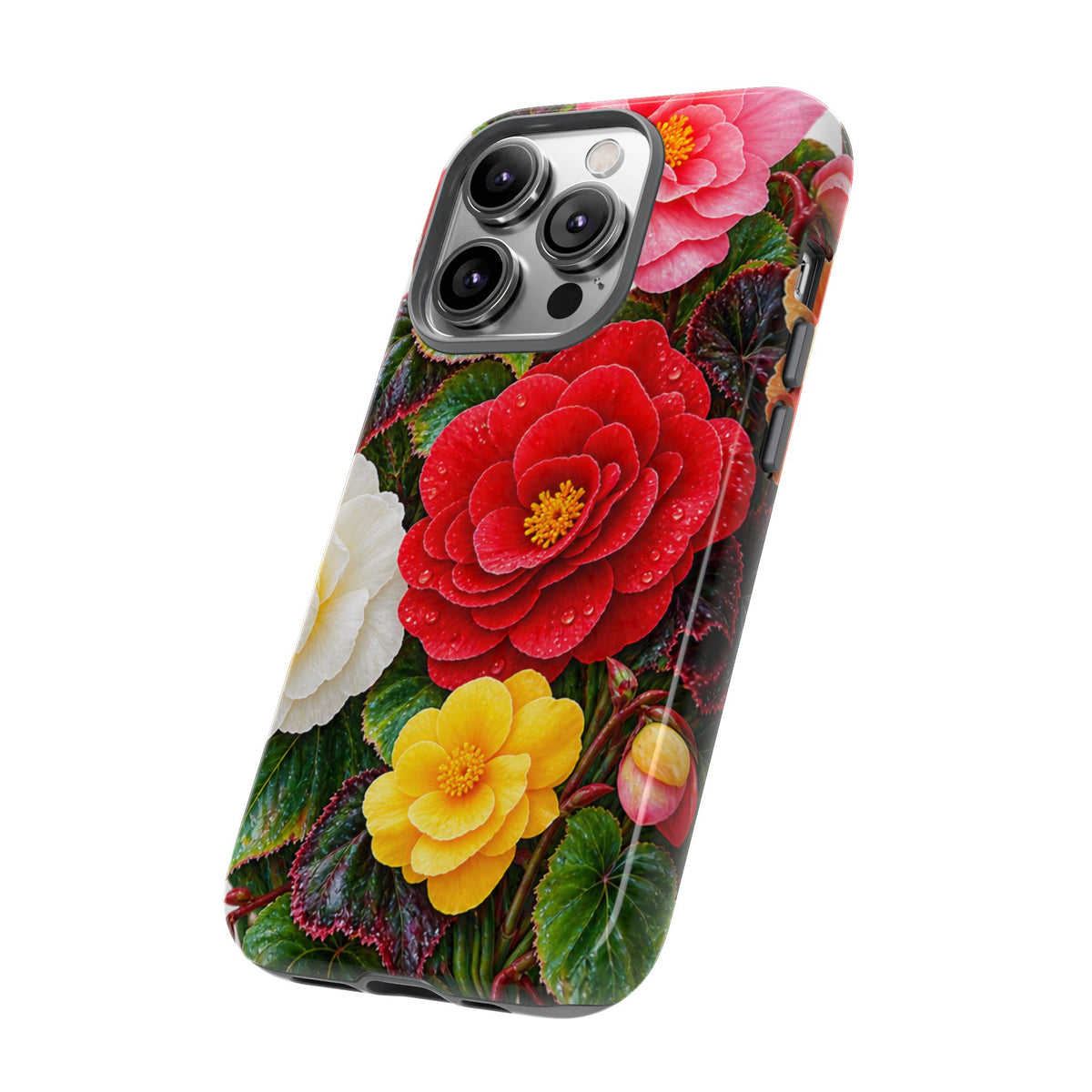 Floral Begonia Phone Case — Vibrant Red, Pink & Yellow Blossom Protective Cover