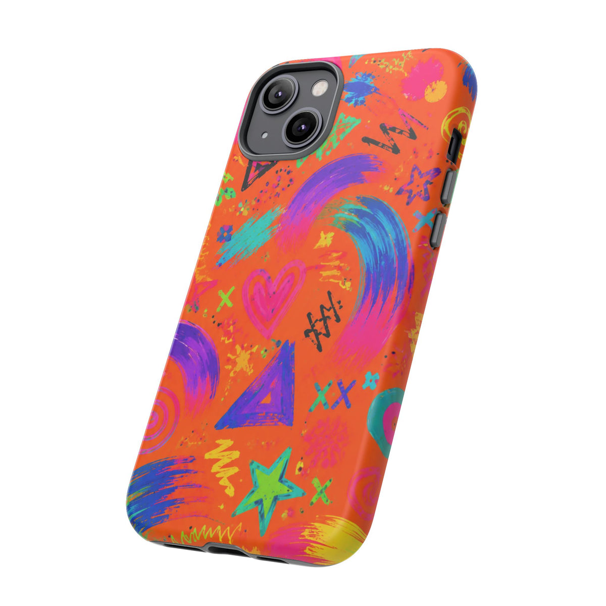Colorful Neon Doodle Phone Case — Bright Abstract Stars & Hearts Tough Case