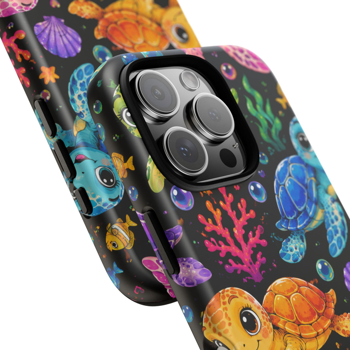 Phone Case — Colorful Cute Sea Turtles on Black (Protective Smartphone Cover)