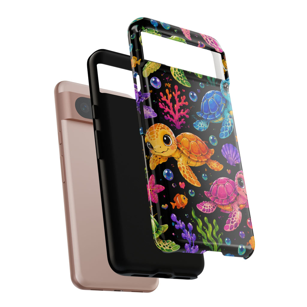 Phone Case — Colorful Cute Sea Turtles on Black (Protective Smartphone Cover)