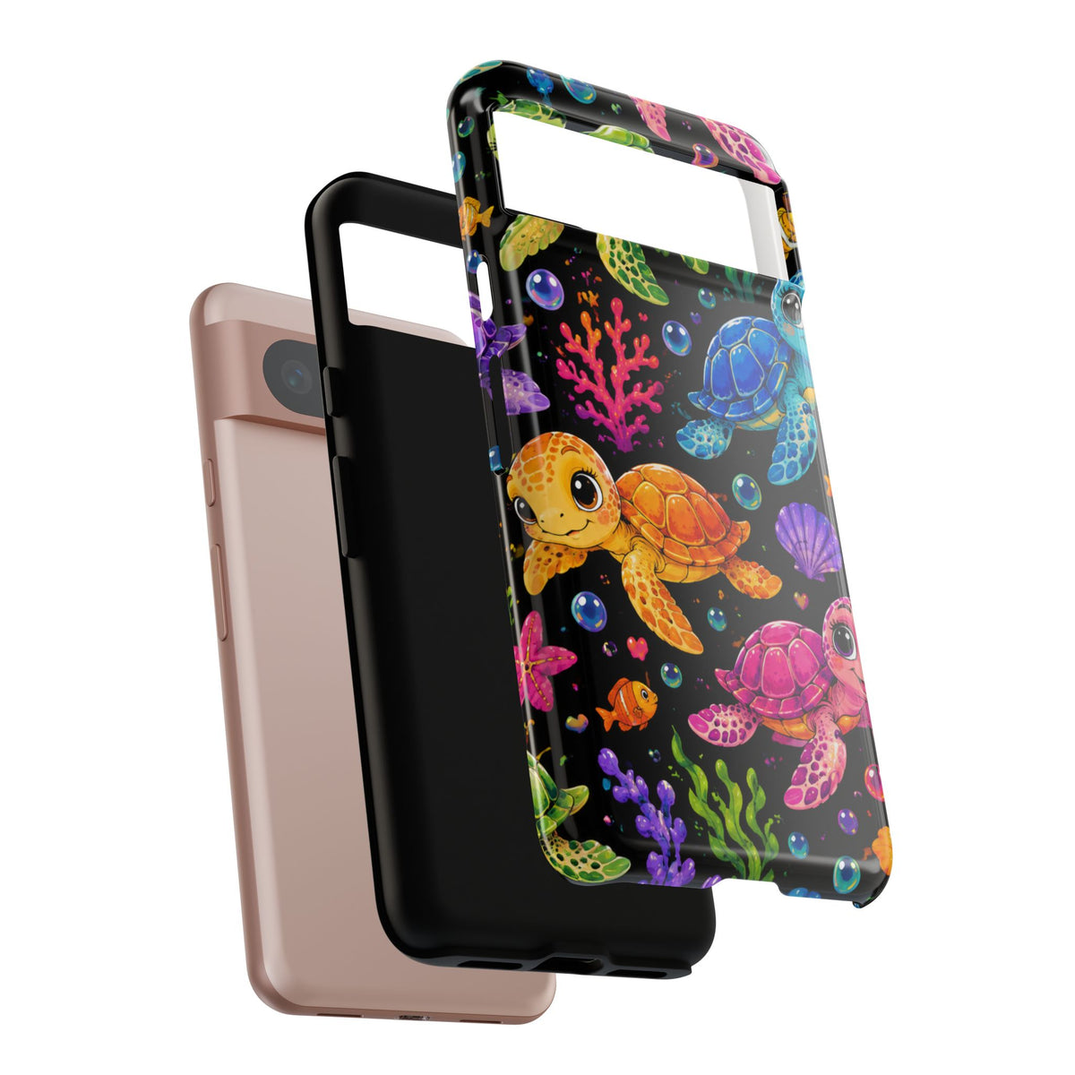 Phone Case — Colorful Cute Sea Turtles on Black (Protective Smartphone Cover)