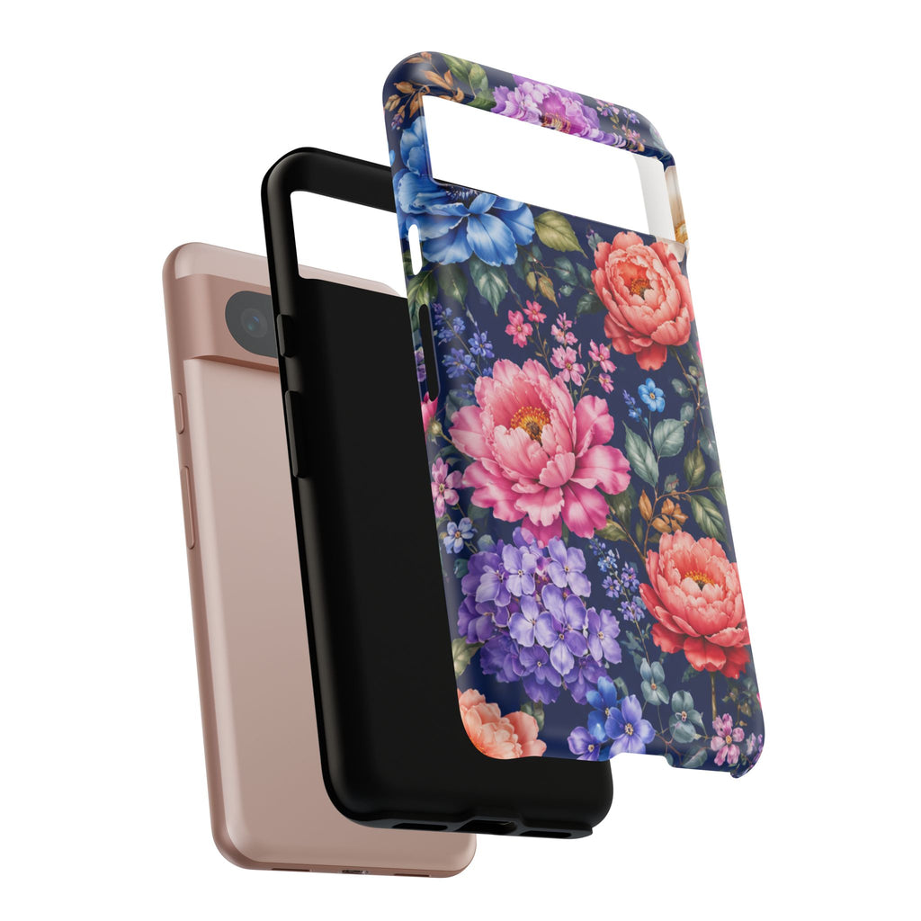 Floral Tough Phone Case – Vibrant Garden Flowers on Navy