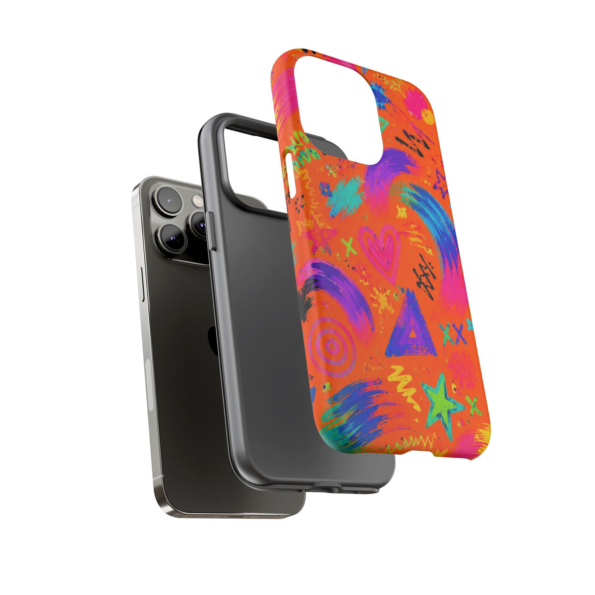 Colorful Neon Doodle Phone Case — Bright Abstract Stars & Hearts Tough Case
