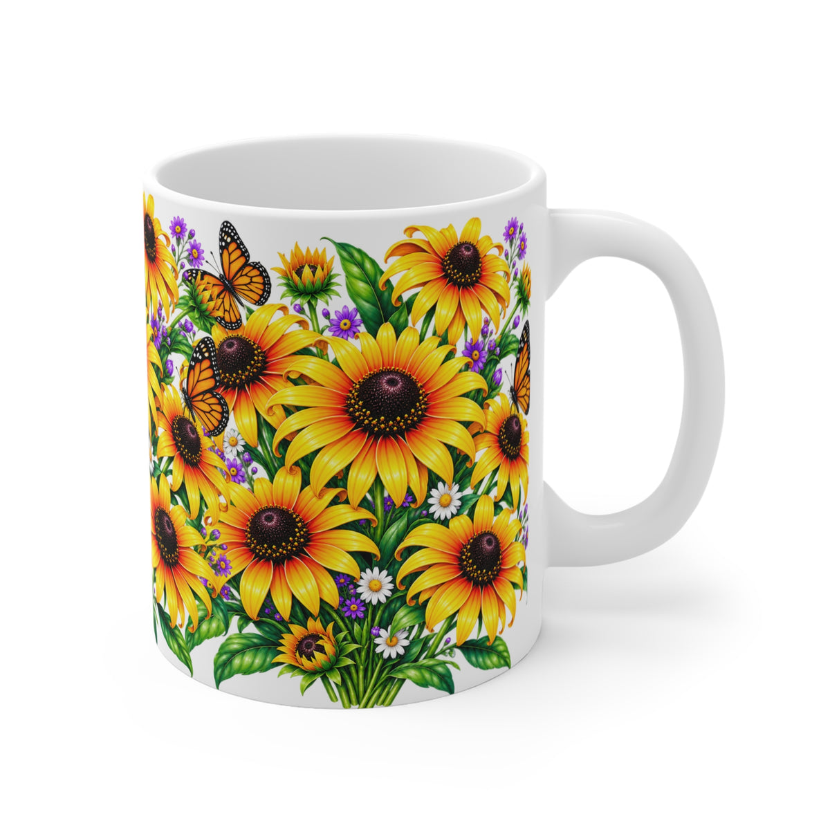 Sunflower Bouquet Mug — Bright Floral Coffee Cup with Butterflies