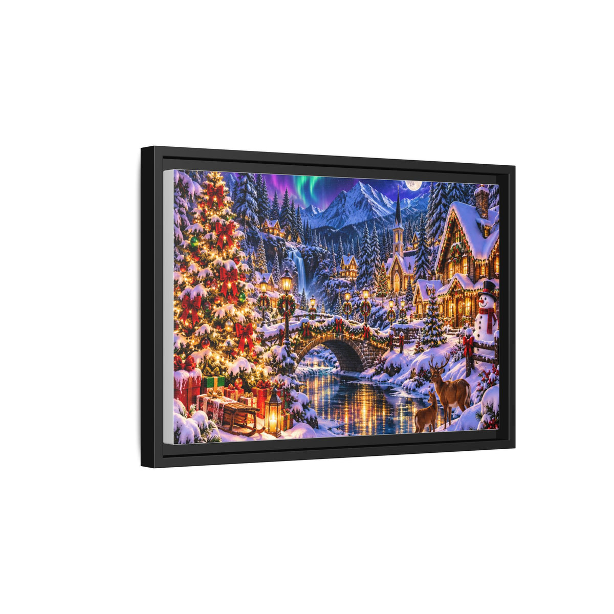 Framed Matte Canvas - Cozy Christmas Village Winter Night Wall Art