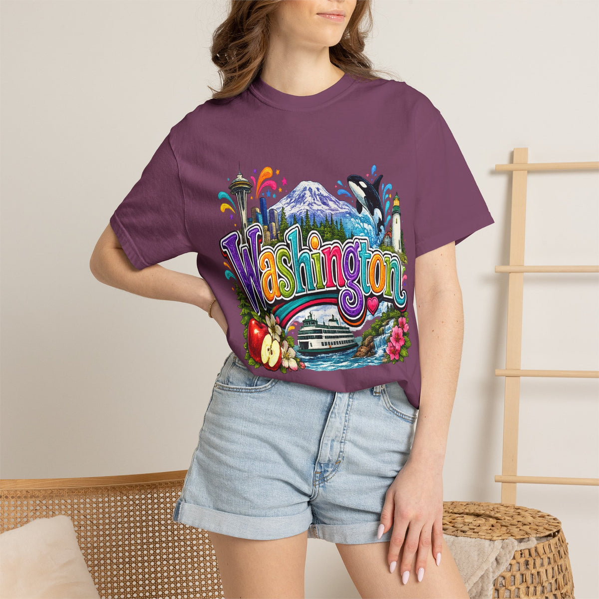 Washington State Scene T-shirt | Seattle Skyline, Orca, Apples
