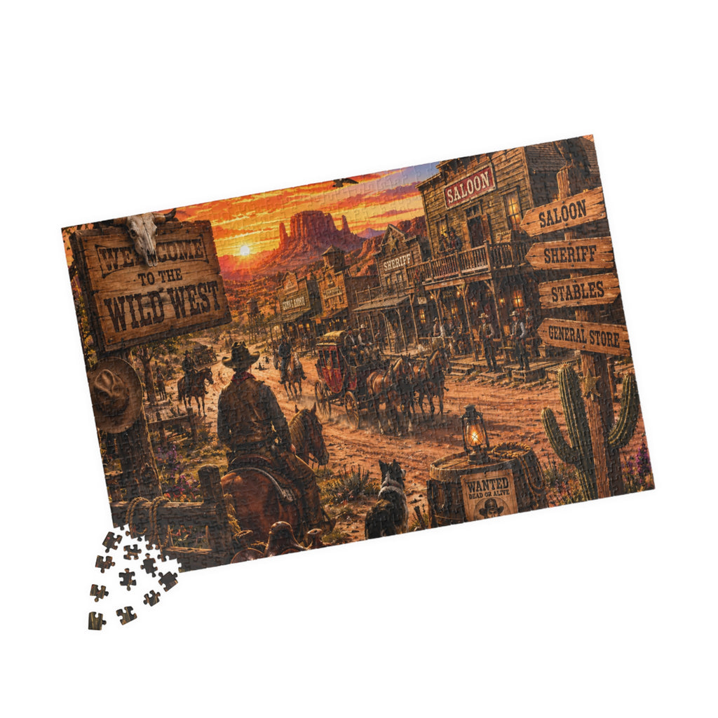 Wild West Saloon Jigsaw Puzzle — Vintage Cowboy Town Sunset (110/252/520/1014 pcs)