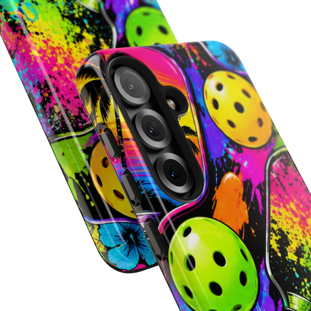 Pickleball Splash Tough Phone Case — Neon Paddle & Ball Protective Cover