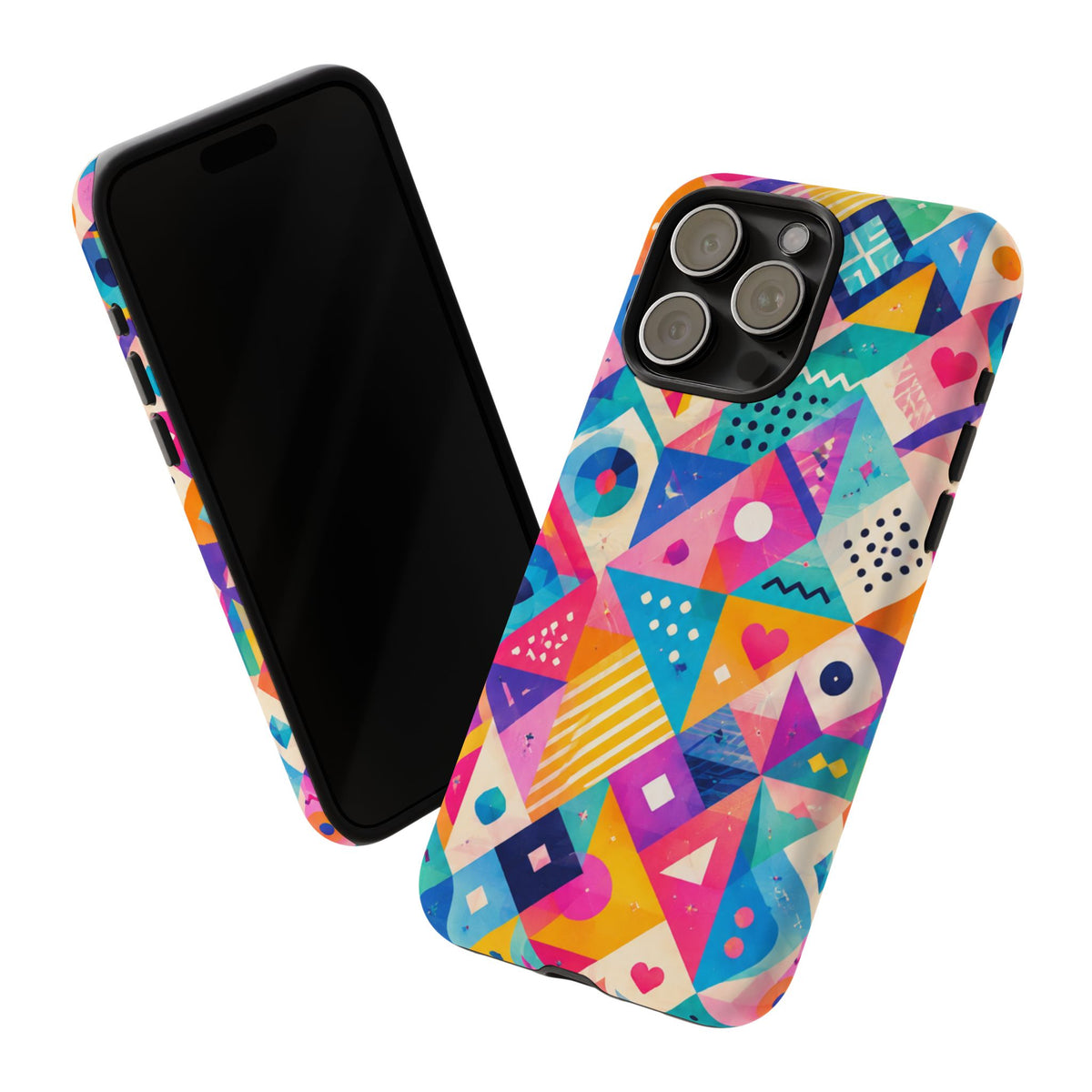 Colorful Geometric Tough Phone Case — Bright Abstract Heart & Triangle Pattern