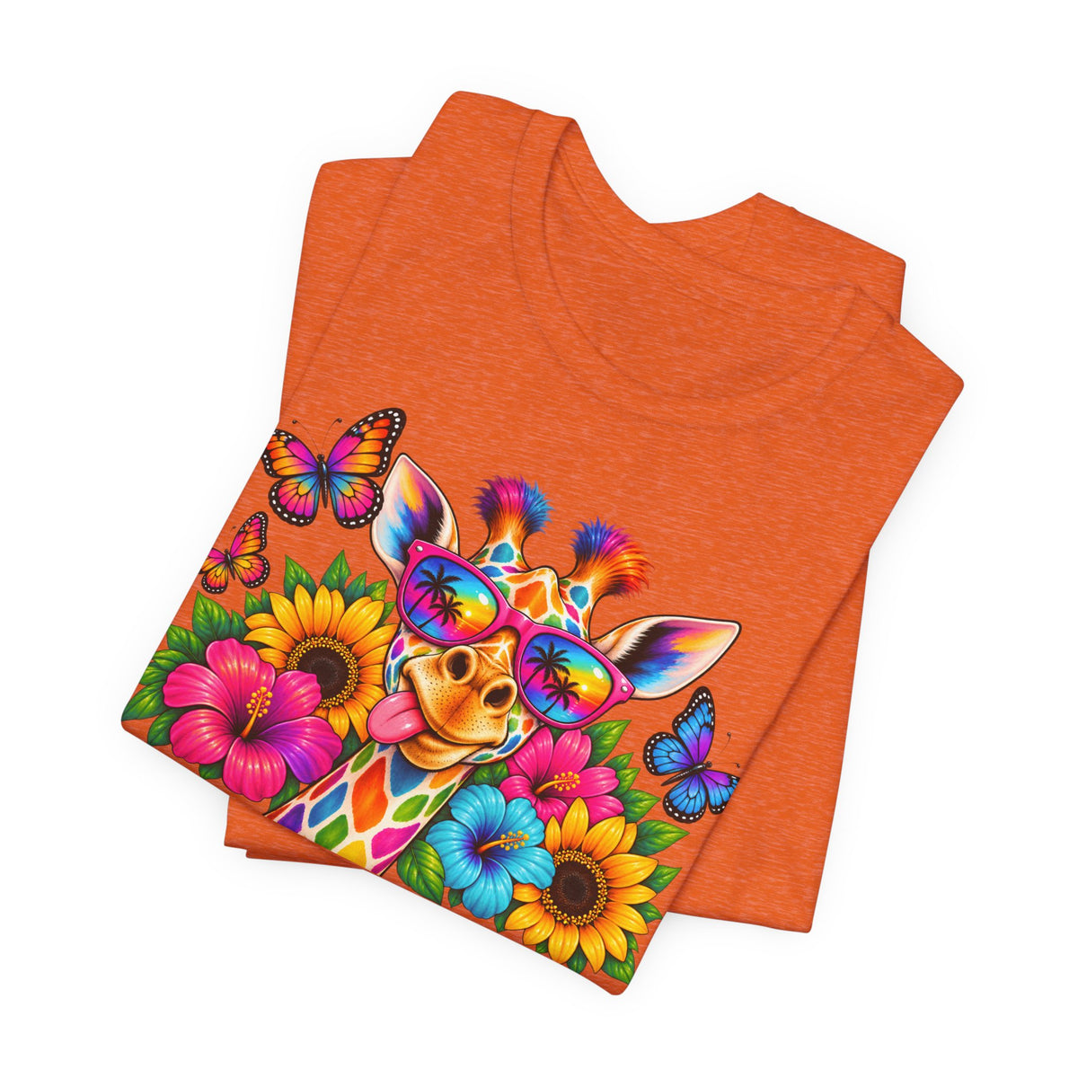 Giraffe Floral Tee — Colorful Butterfly & Sunflower Graphic T-Shirt