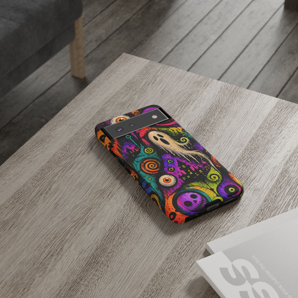 Halloween Ghost Phone Case — Colorful Spooky Skull & Haunted House Tough Case