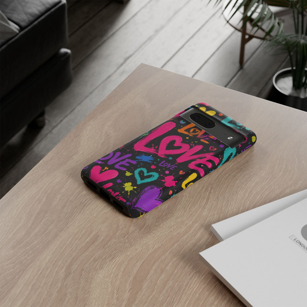 Phone Case — Neon Graffiti "Love" Hearts Protective Tough Case