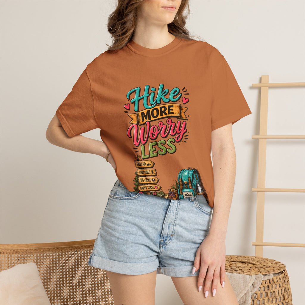 Hike More Worry Less T-Shirt | Hiking Backpack Trail Sign Tee
