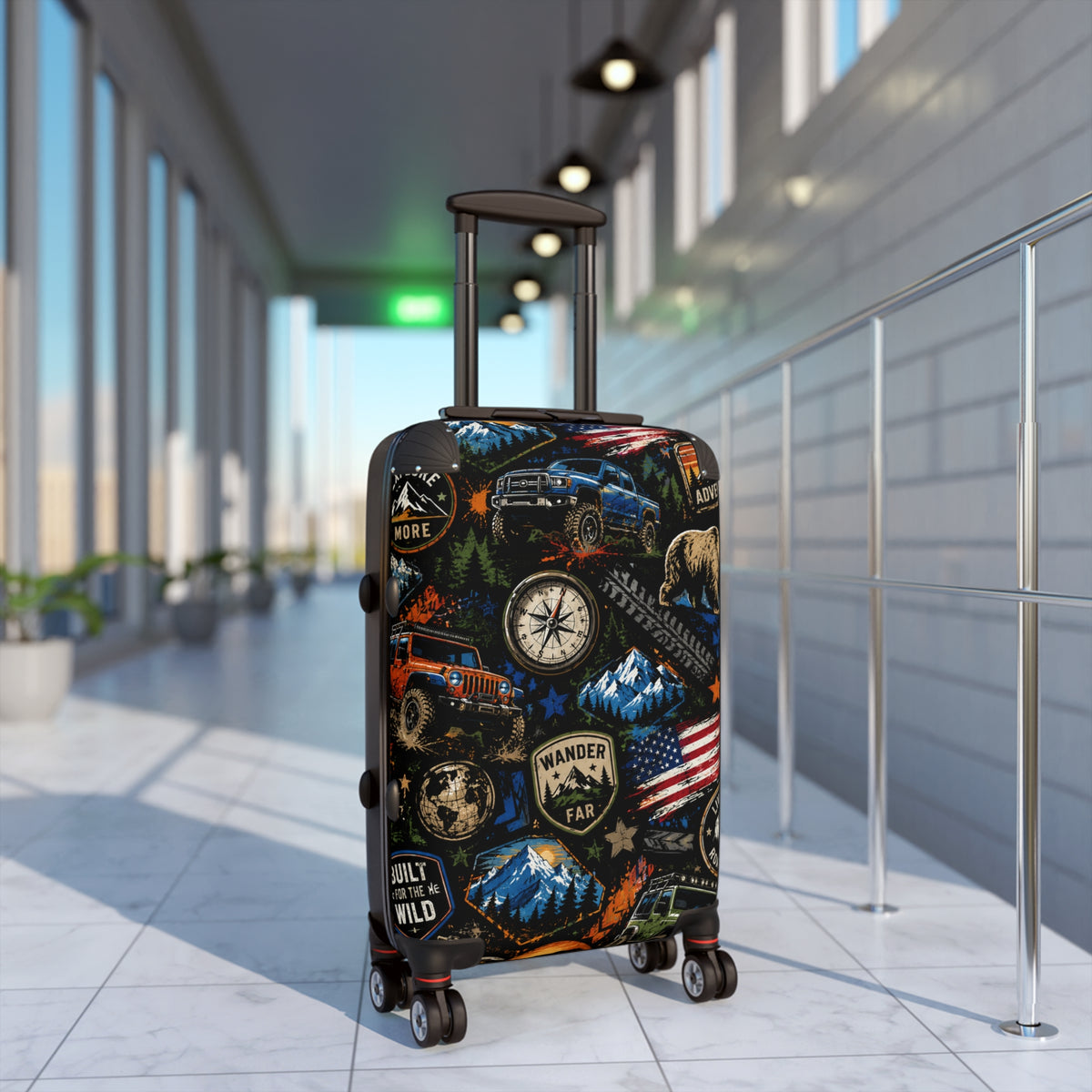 Adventure Patch Carry-On Suitcase – Wander Far Travel Luggage with Mountain, Compass & Bear Design