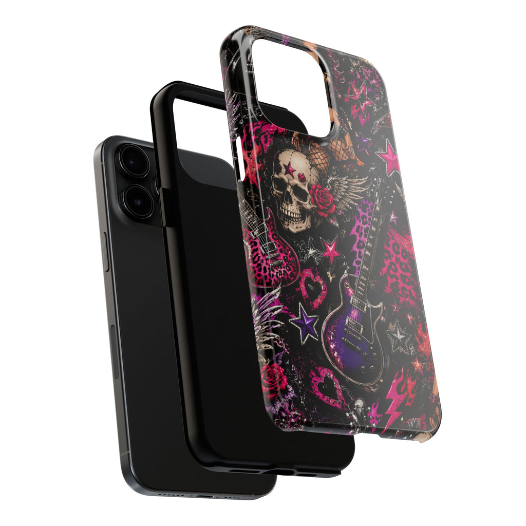 Rock Skull Guitar Phone Case — Edgy Pink Skull & Roses Tough Phone Case