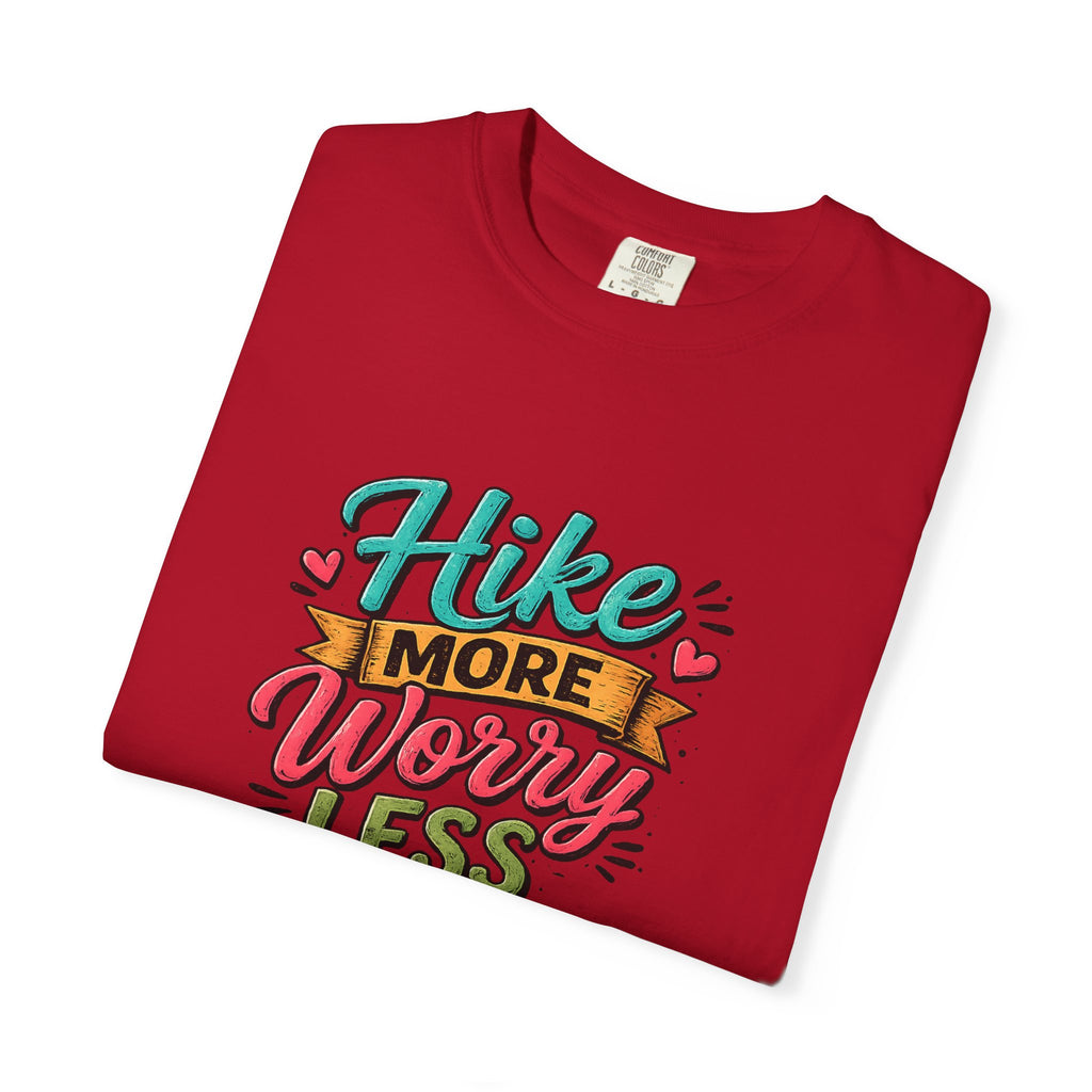 Hike More Worry Less T-Shirt | Hiking Backpack Trail Sign Tee