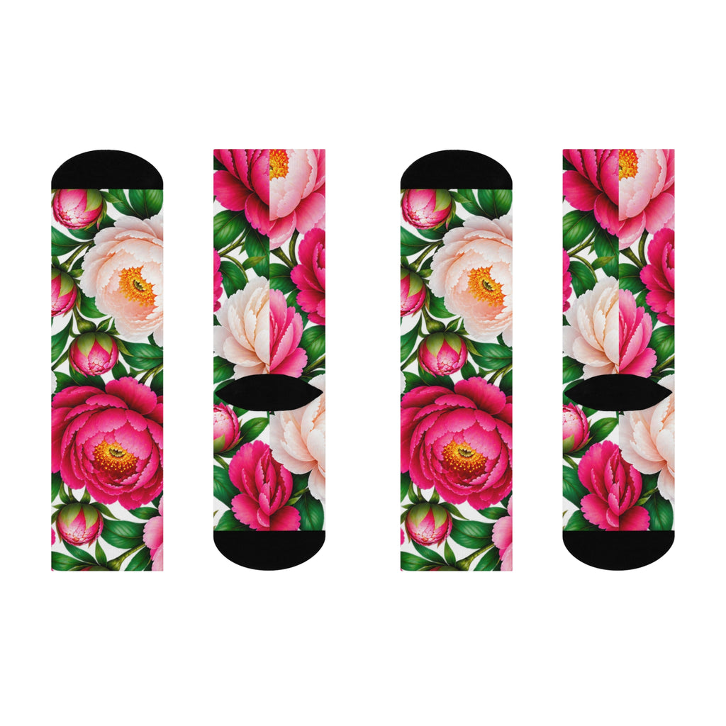 Floral Peony Crew Socks — Cushioned Pink & White Bloom Socks