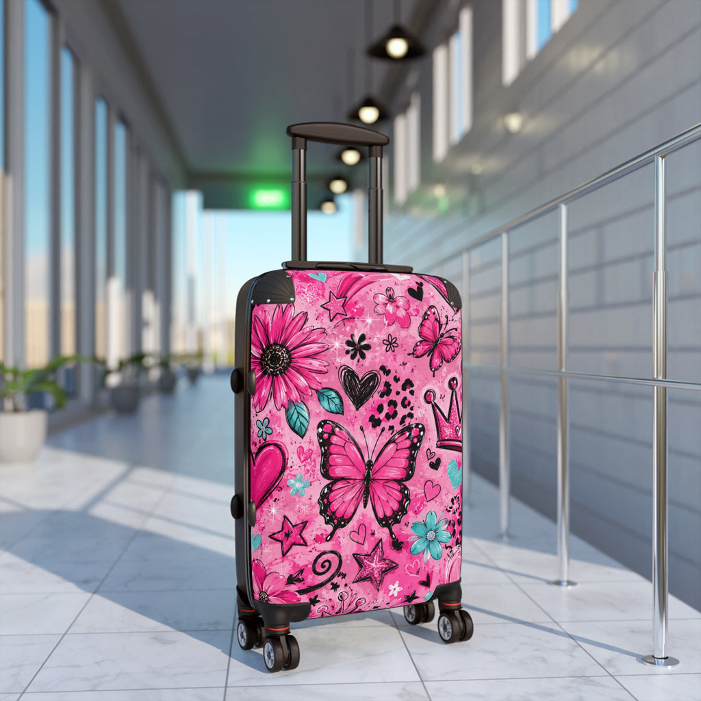 Pink Butterfly Suitcase – Kids’ Rolling Carry-On with Floral & Crown Design