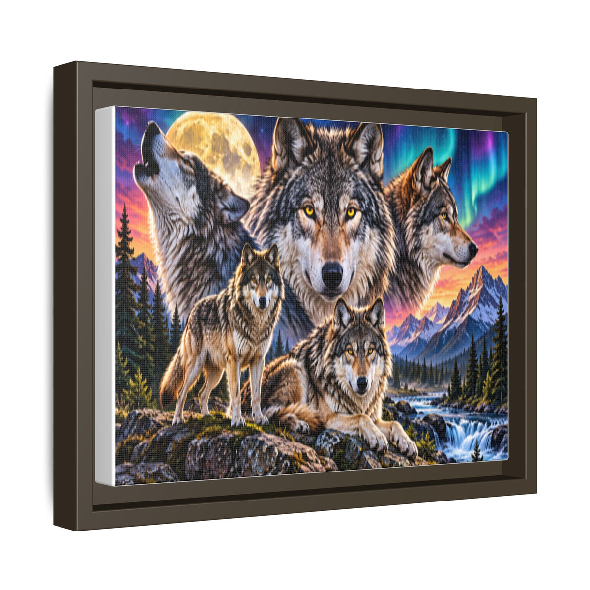 Framed Wolf Pack Matte Canvas Wall Art — Northern Lights Wilderness Scene