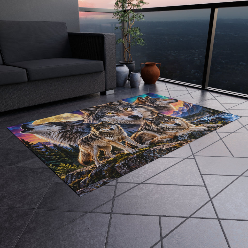 Wolf Pack Outdoor Rug — Scenic Mountain & Northern Lights Design