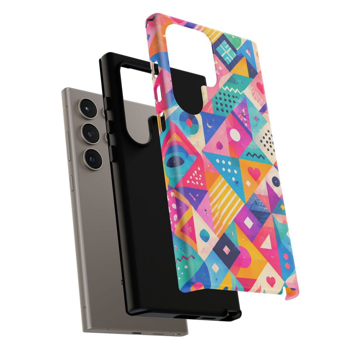 Colorful Geometric Tough Phone Case — Bright Abstract Heart & Triangle Pattern