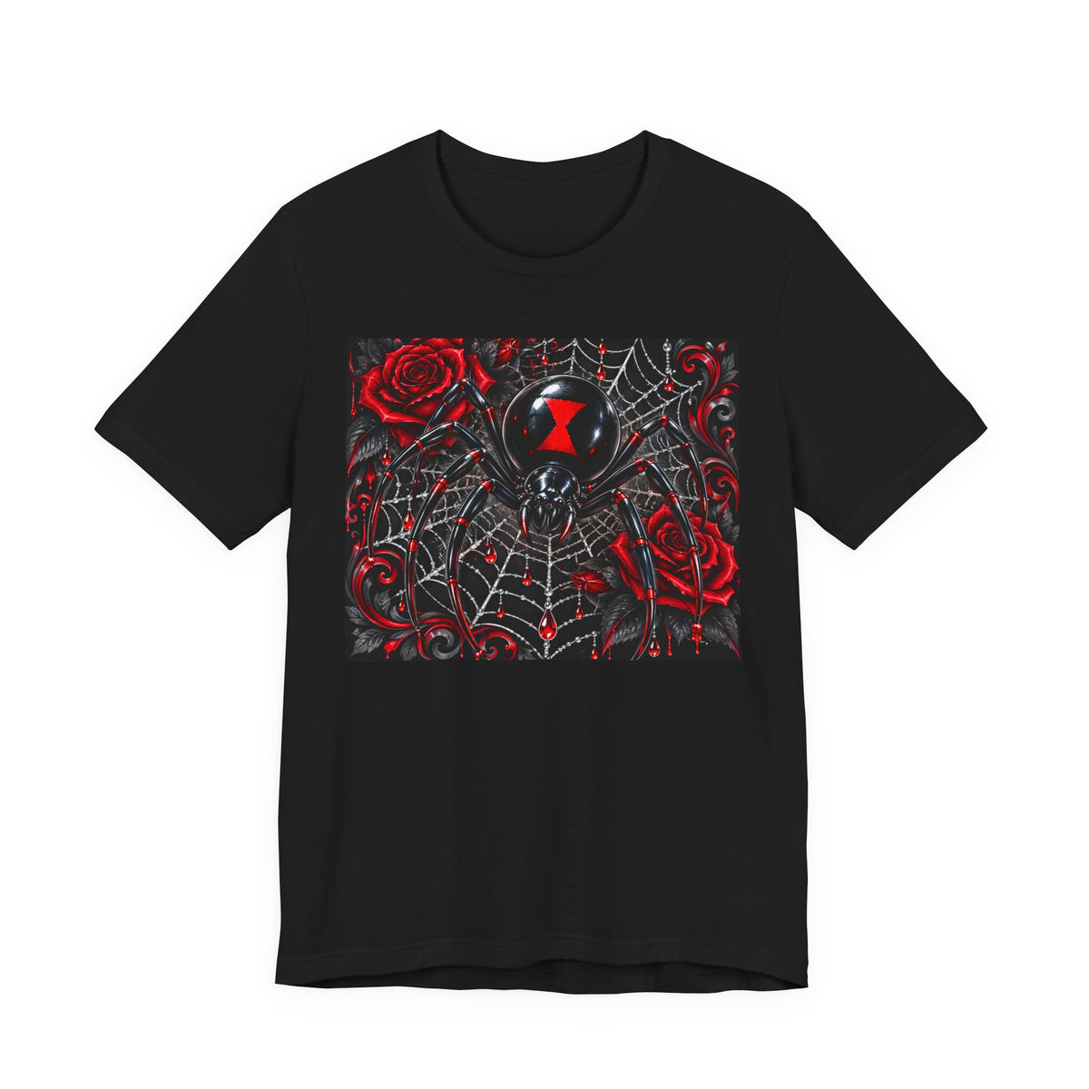 Black Widow Spider Web Tee — Red Roses Gothic Graphic T-Shirt
