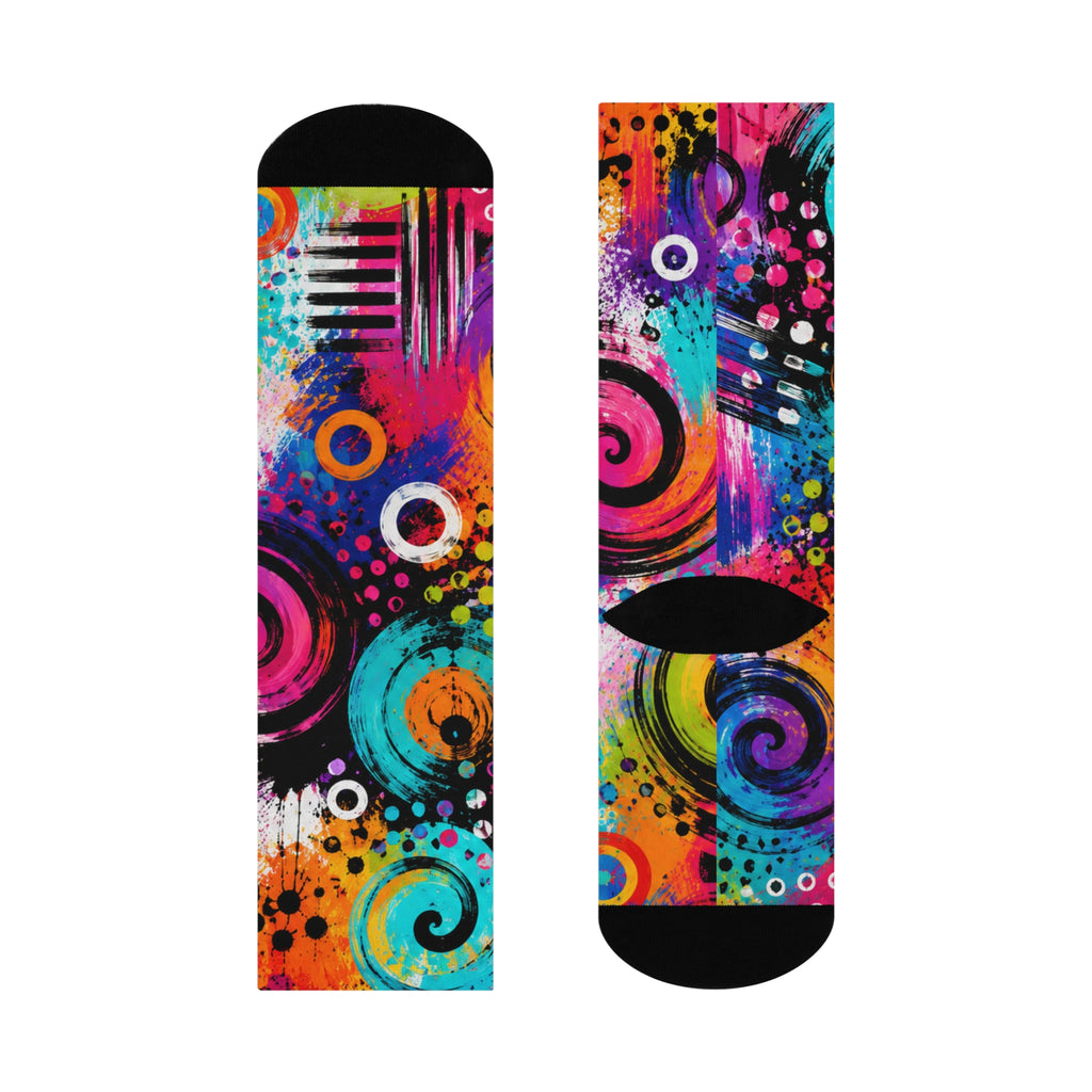 Colorful Abstract Spiral Cushioned Crew Socks — Vibrant Paint-Splash Art