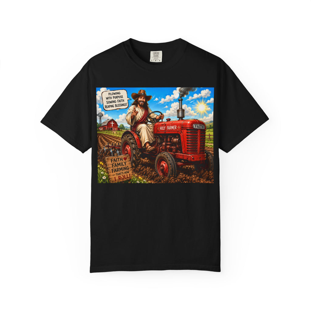 Farmer on Red Tractor T-Shirt — 'Faith, Family, Farming' Vintage Farm Graphic Tee