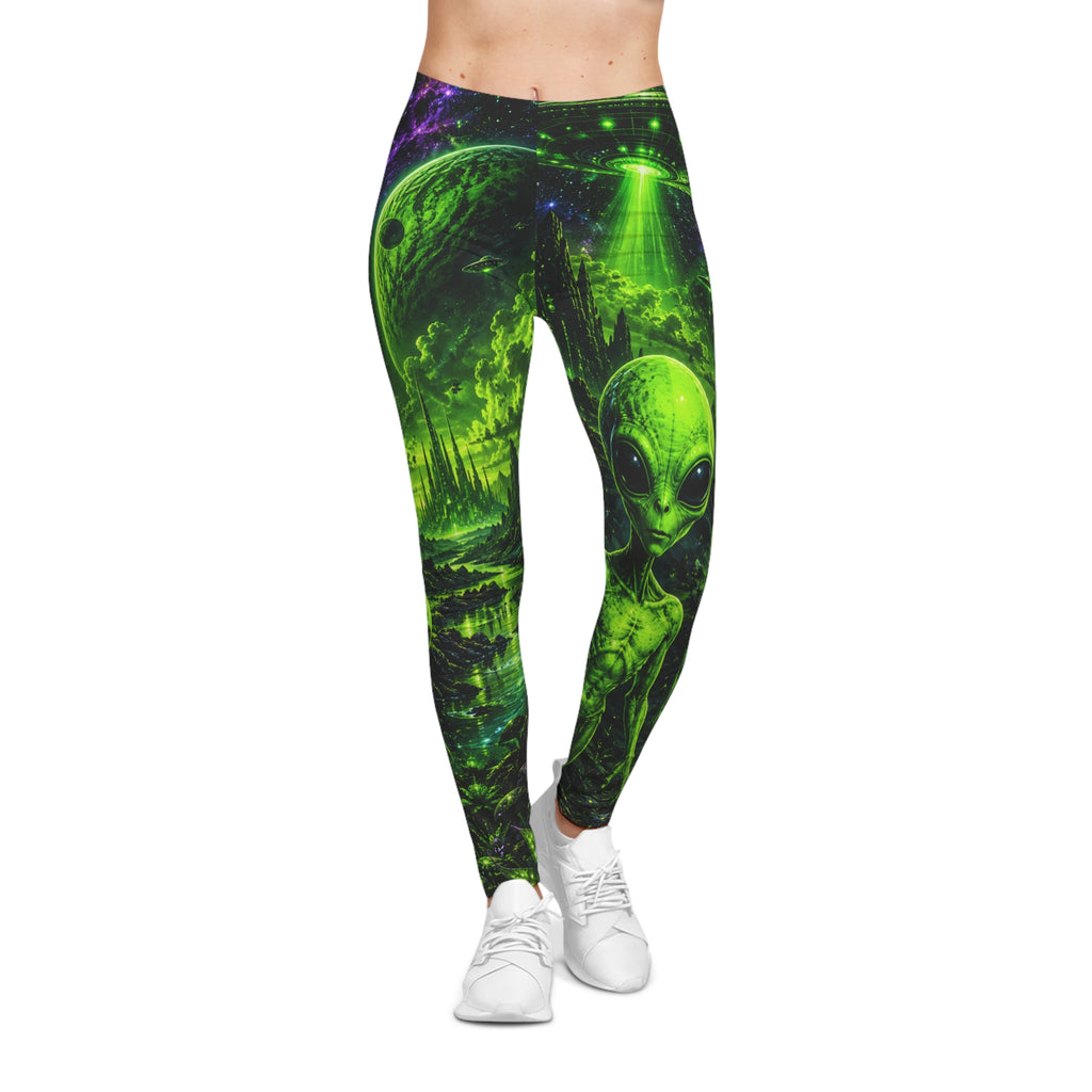 Neon Alien Leggings — Glow Green UFO & Extraterrestrial All-Over Print