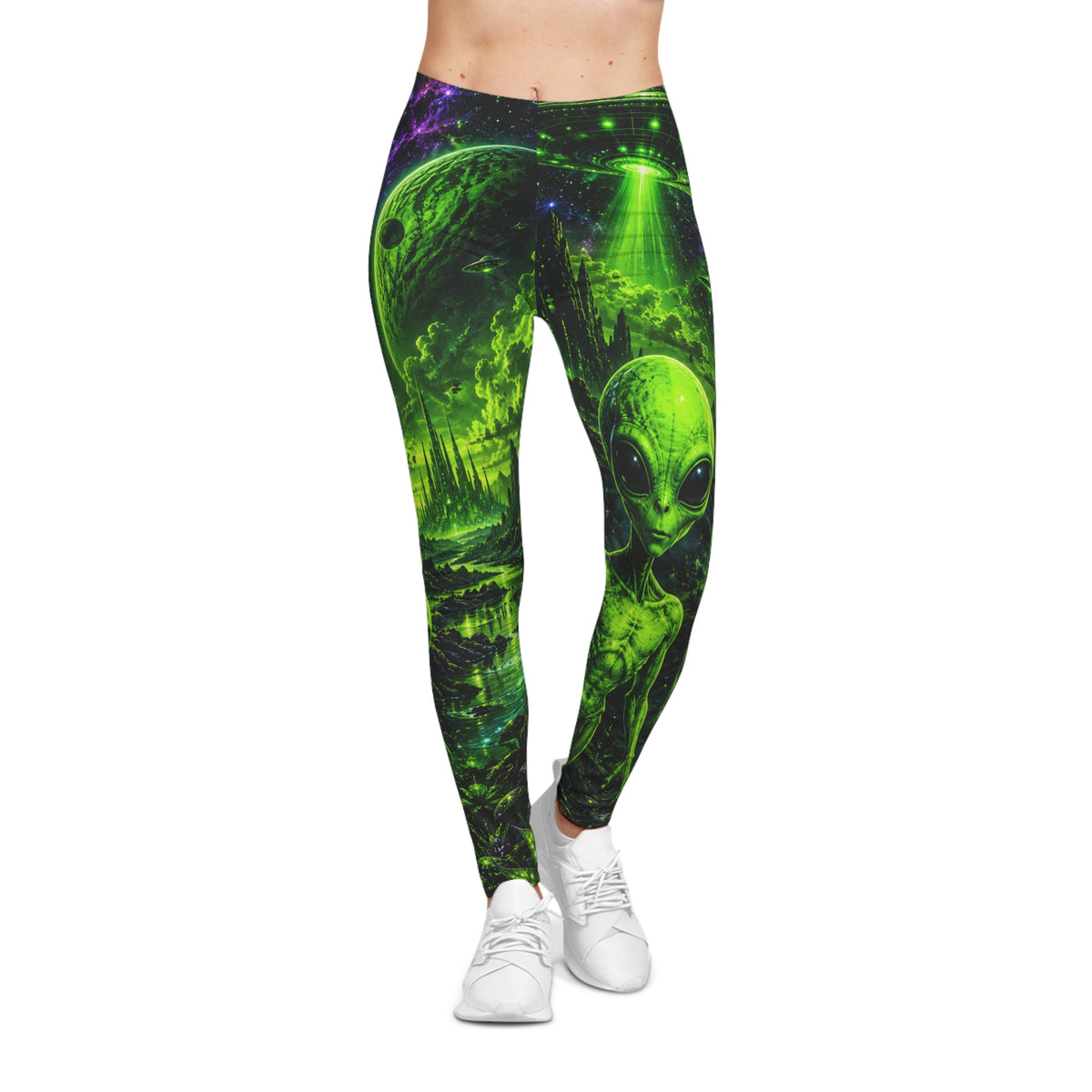 Neon Alien Leggings — Glow Green UFO & Extraterrestrial All-Over Print