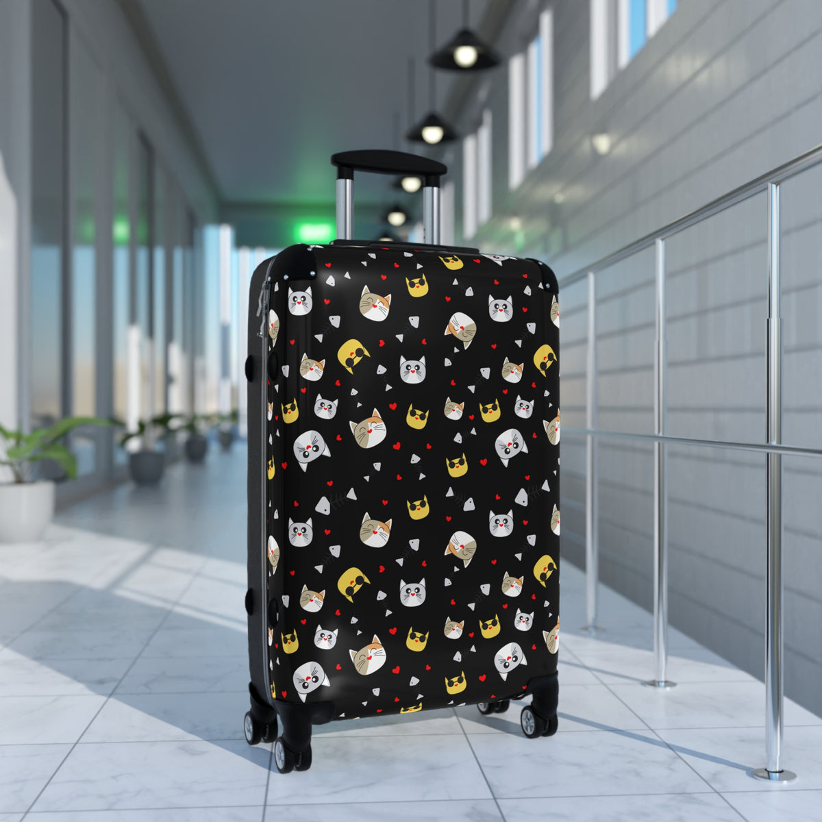 Cat Crown Print Suitcase — Cute Black Travel Luggage with Emoji Cat Pattern