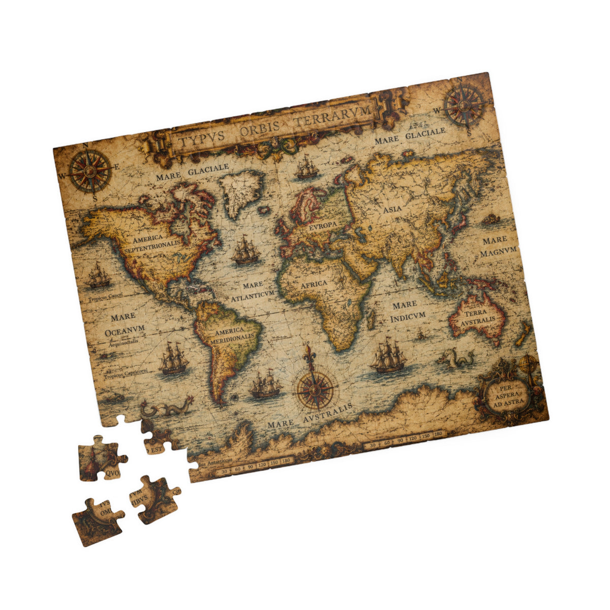 Vintage World Map Jigsaw Puzzle — Antique Nautical 252/520/1014-Piece