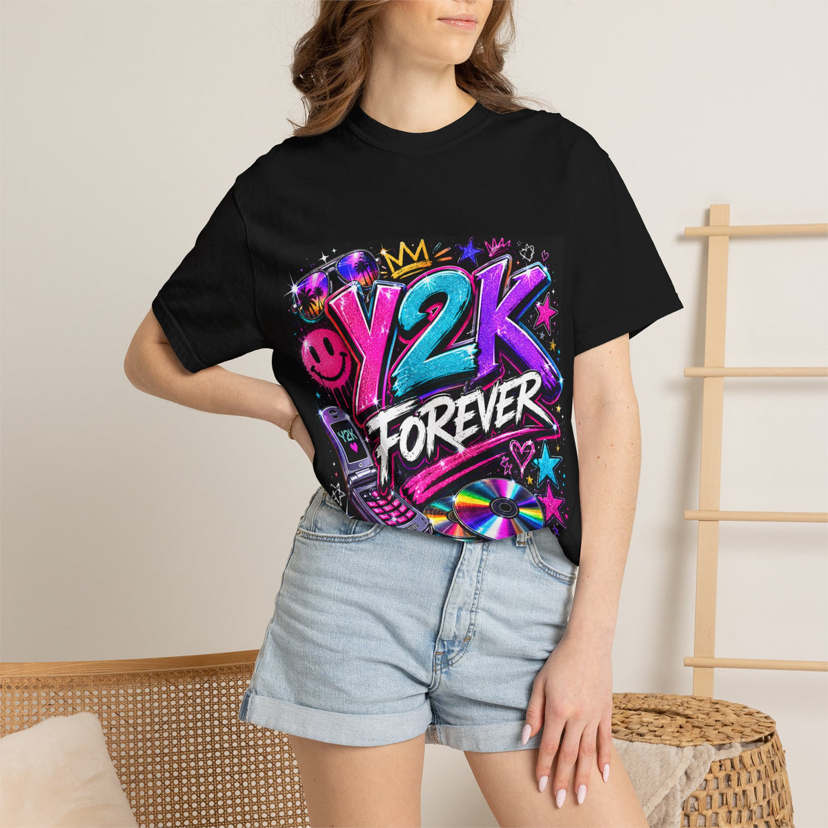Y2K Forever graphic T-shirt | Retro 2000s phone, CD, neon design