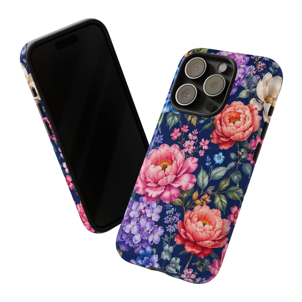 Floral Tough Phone Case – Vibrant Garden Flowers on Navy