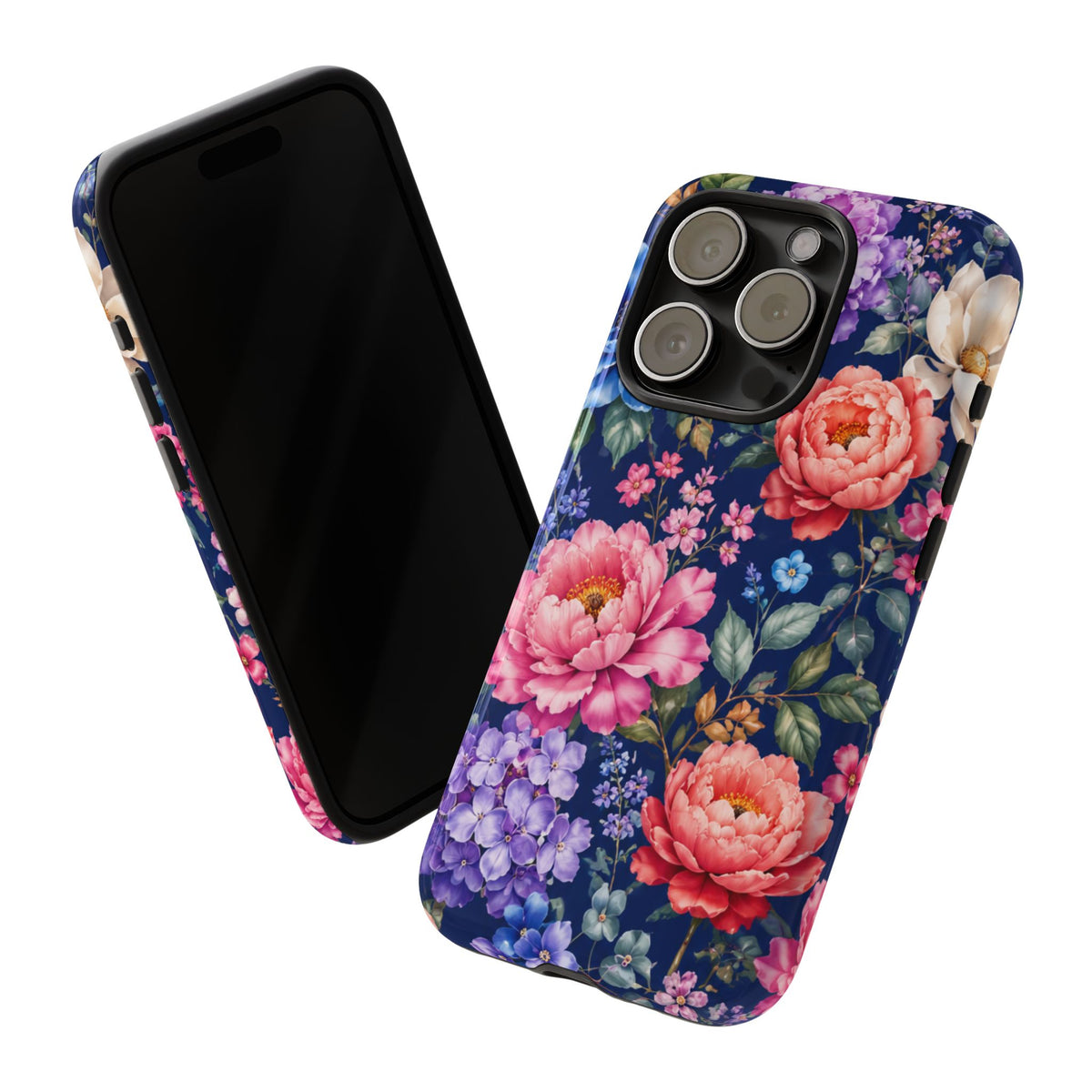 Floral Tough Phone Case – Vibrant Garden Flowers on Navy