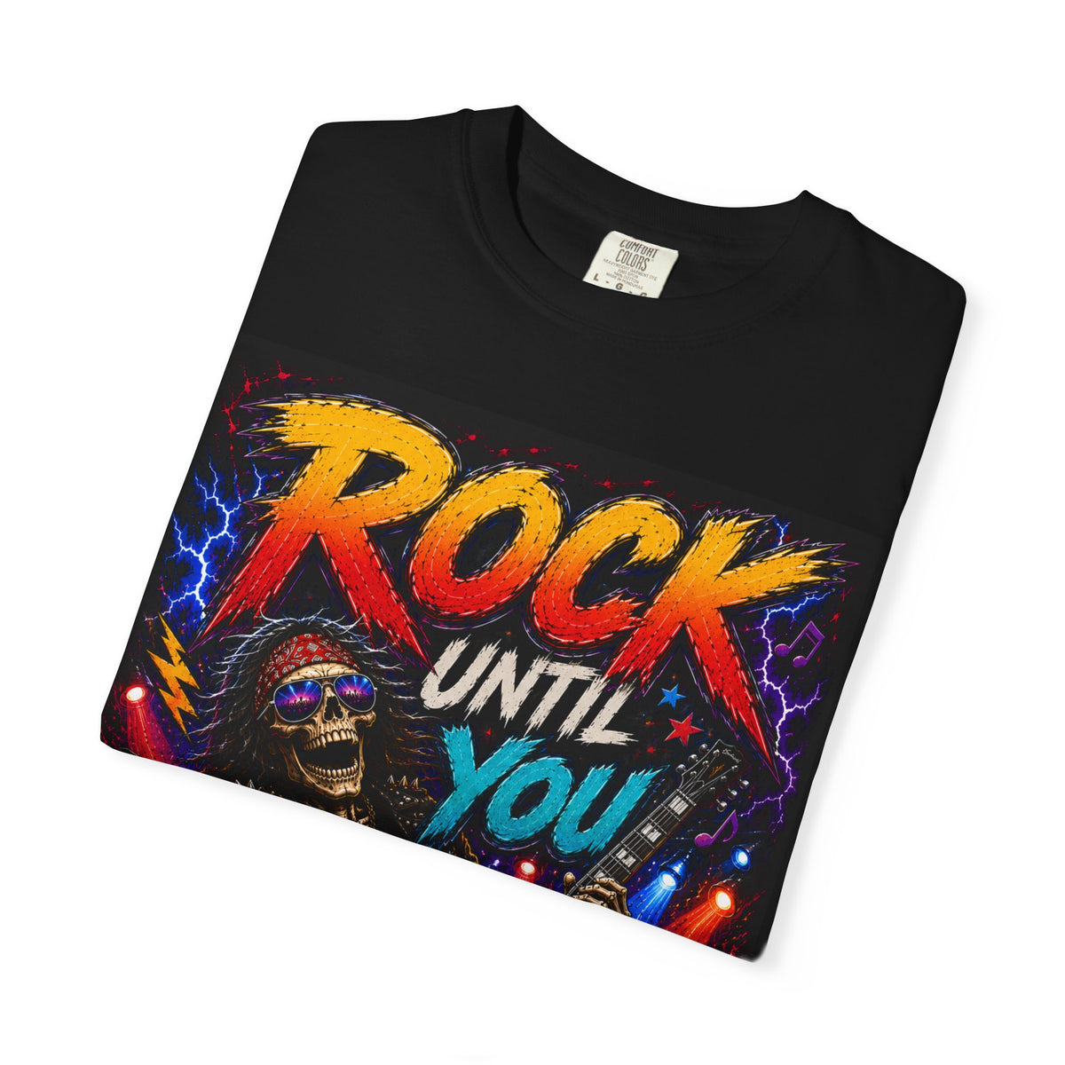 Rock Until You Drop T-shirt | Guitar Skeleton Concert Tee