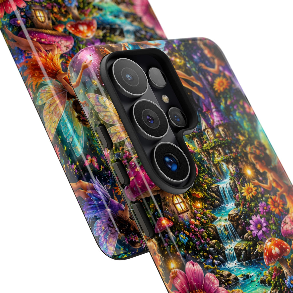 Fairy Garden Tough Phone Case — Whimsical Cottage, Waterfall & Mushroom Artwork
