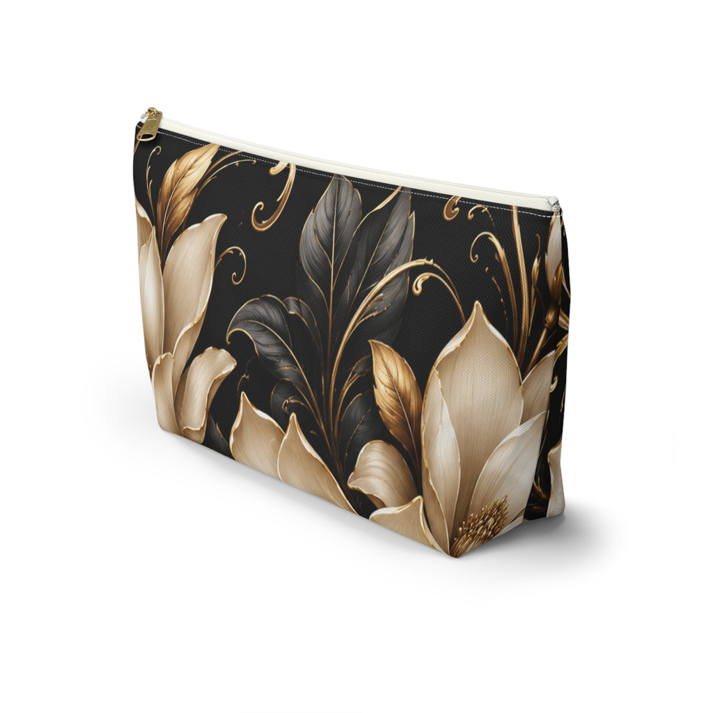 Floral Tapestry Accessory Pouch — Gold & Black Magnolia Makeup Bag