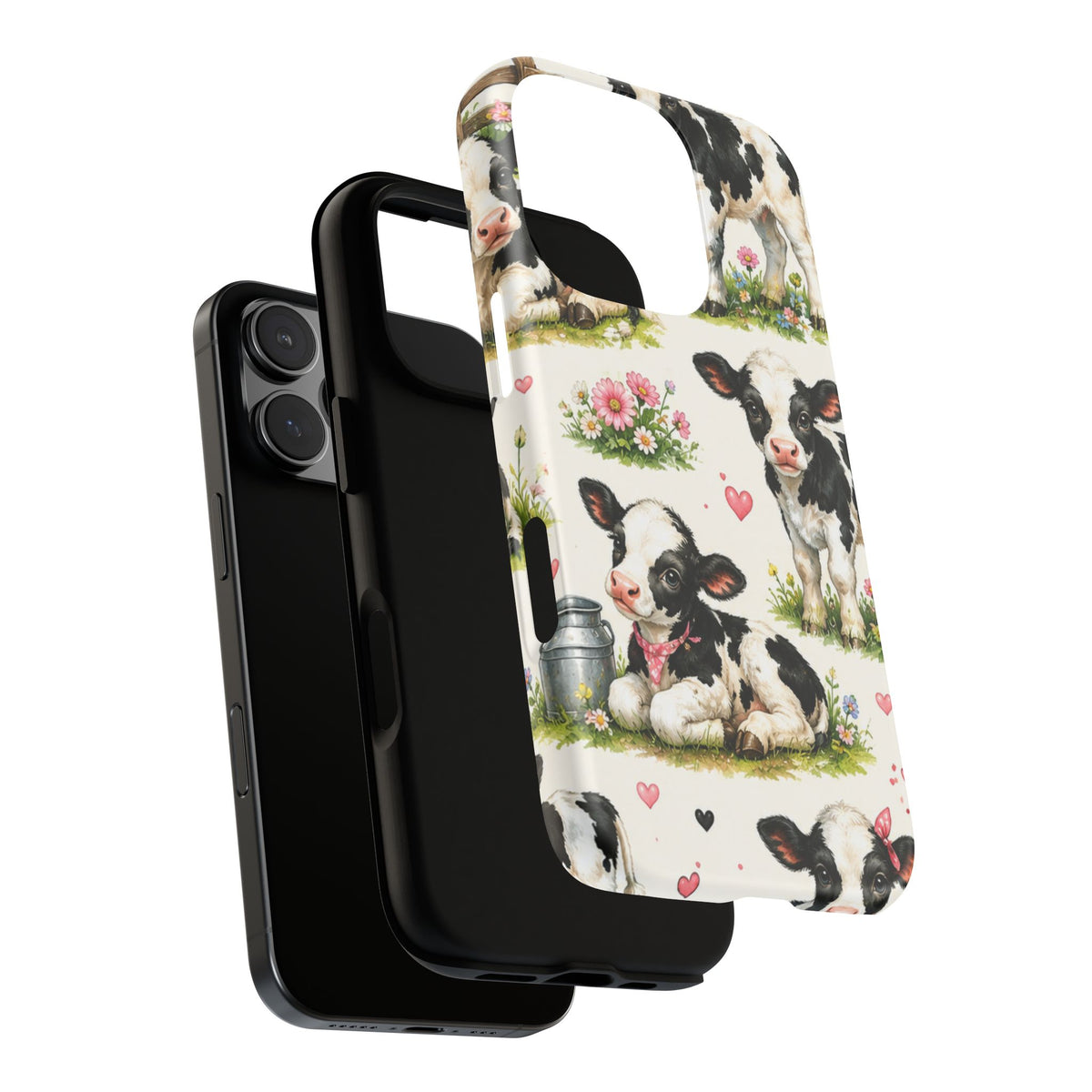 Cute Calf Pattern Phone Case – Pastel Cow Hearts & Flowers Protective Cover