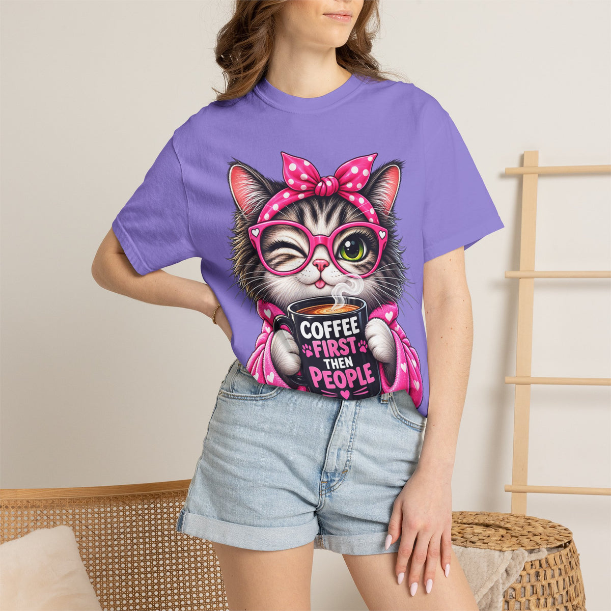 Cat Coffee Tee — "Coffee First Then People" Cute Cat Graphic T-Shirt
